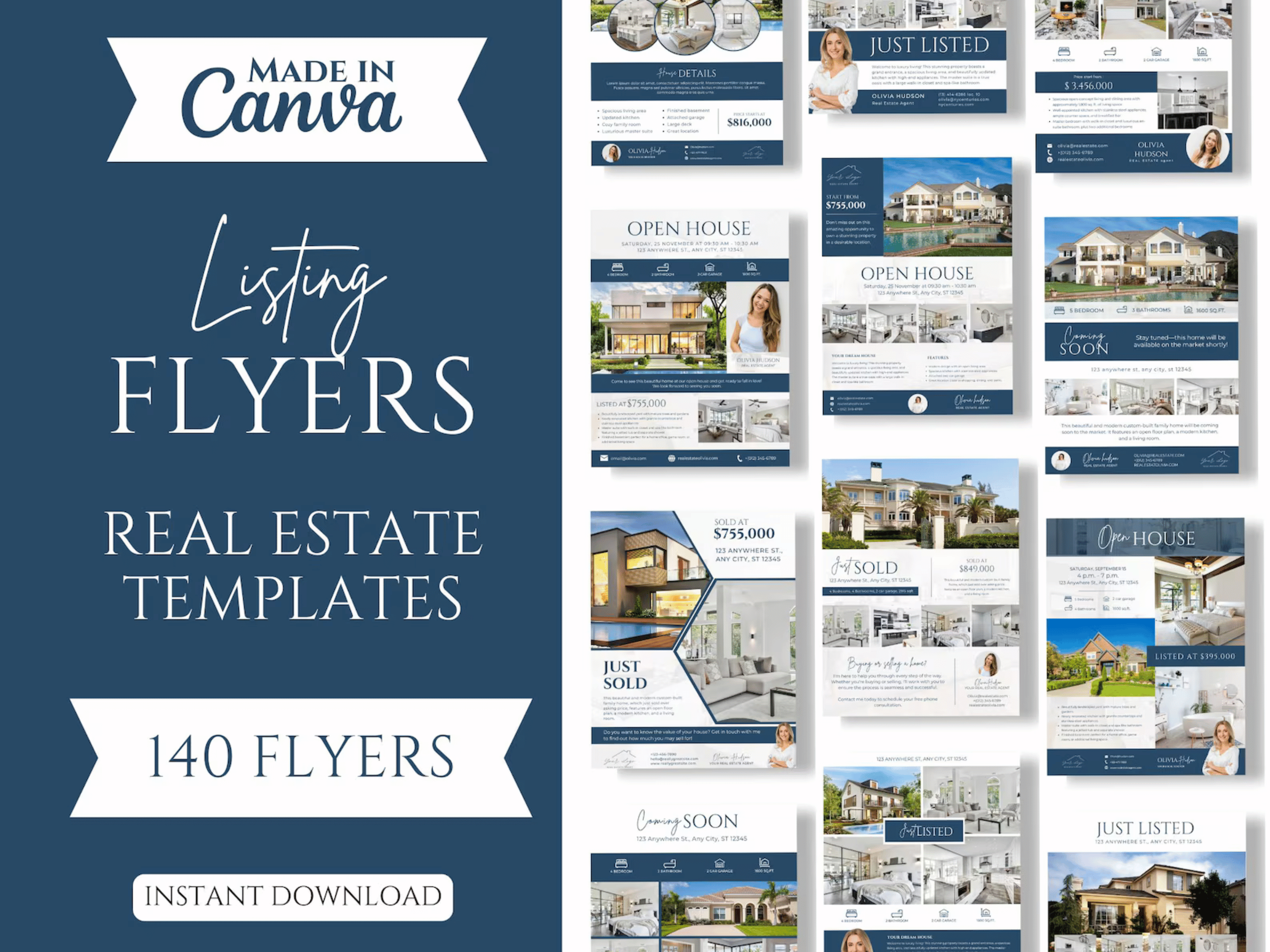 Real Estate Flyer Bundle | Open House, Just Listed, Just Sold & Coming Soon Blue & White