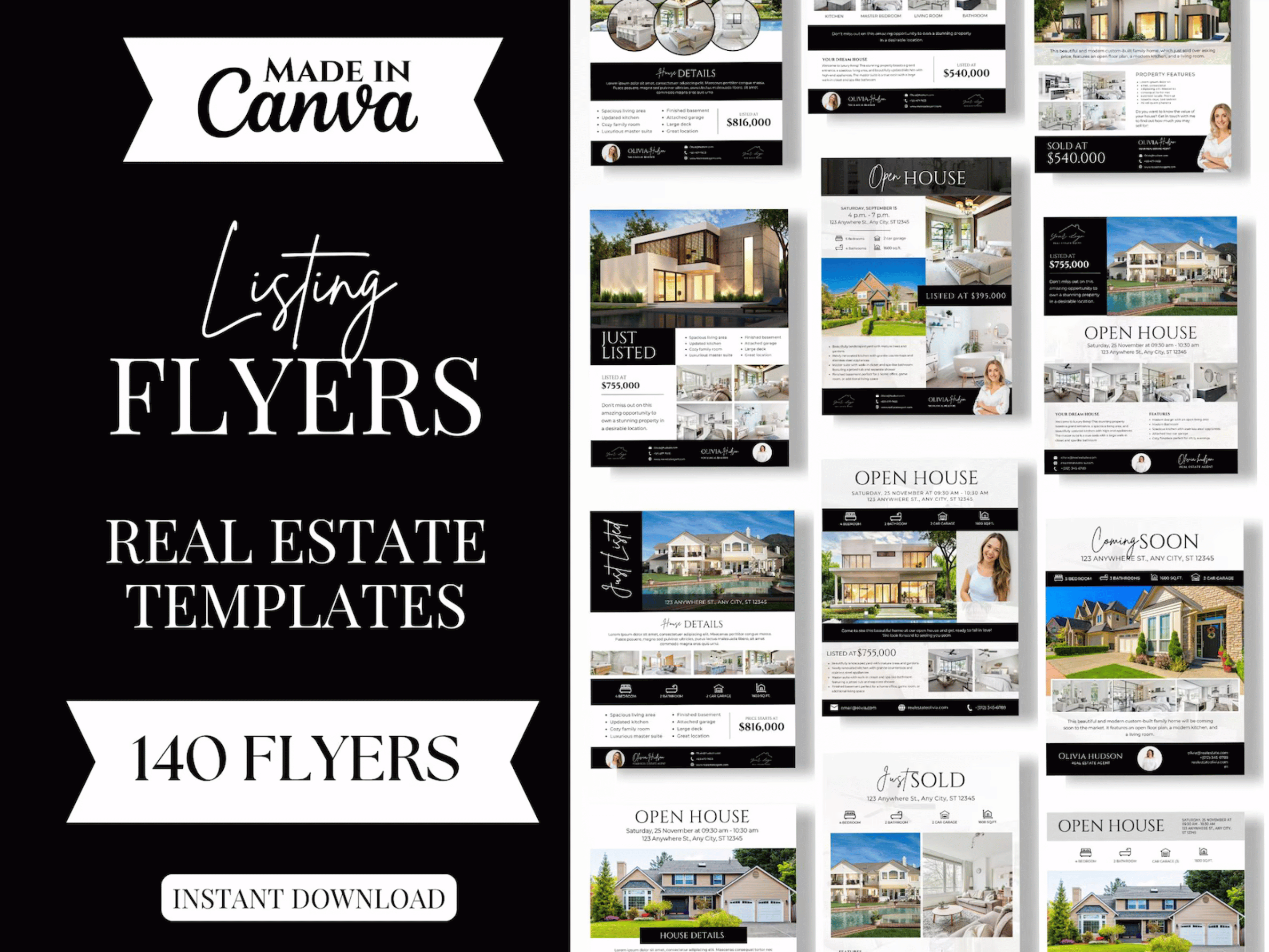 Real Estate Flyer Bundle | Open House, Just Listed, Just Sold & Coming Soon Black & White