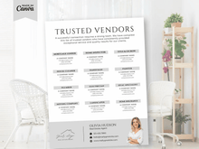 A vertical white sign reading 'TRUSTED VENDORS' with multiple vendor categories, placeholder company names, and contact details for Olivia Hudson, styled in a bright interior room with chairs and shelving.