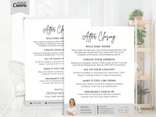 A real estate 'After Closing' guide template shown in a mockup layout, featuring a white and black design with handwritten-style text and placeholder photos of a woman and a house.