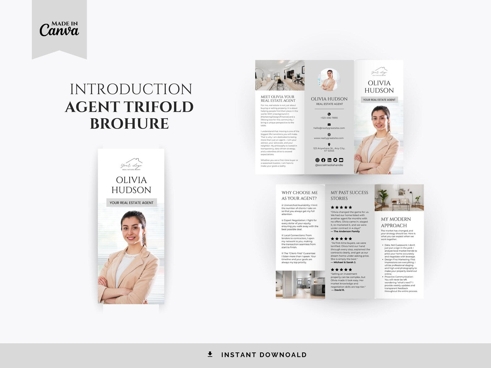 Real Estate Introduction Trifold Brochure | Agent Double-Sided Tri-Fold Brochure | Modern Real Estate Marketing Brochure | Canva Template
