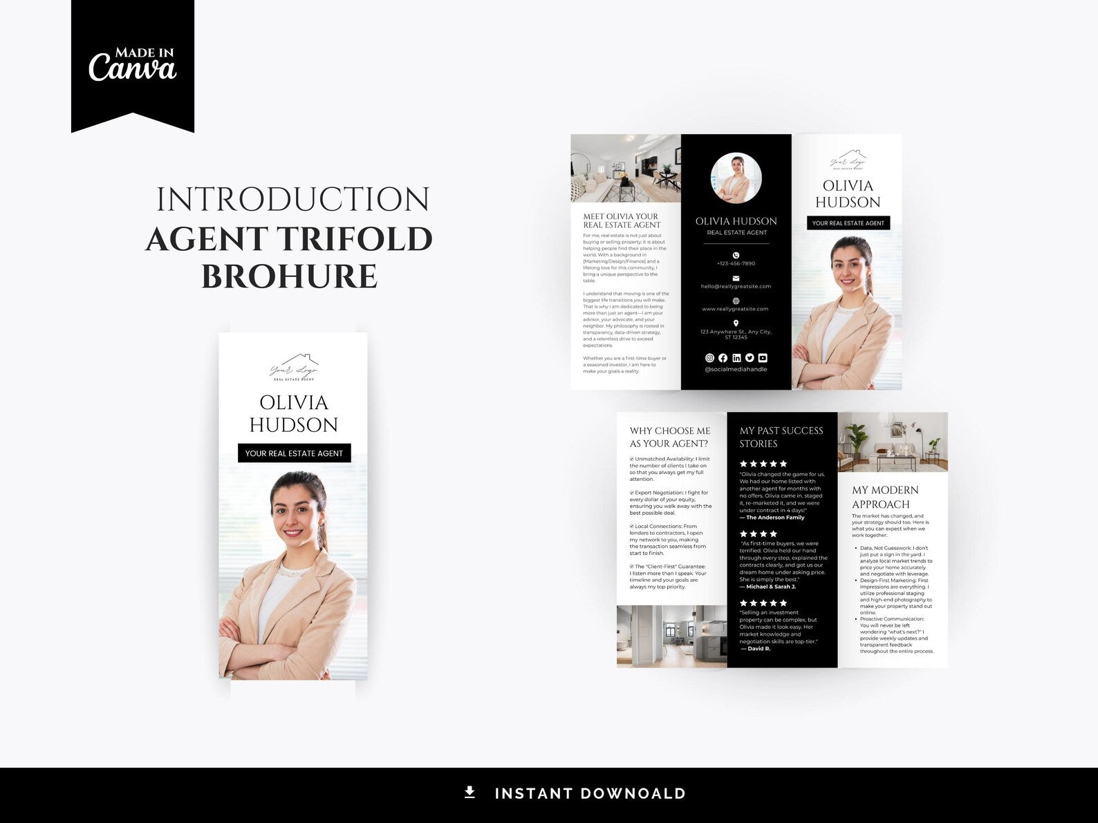 Real Estate Agent Trifold Brochure | Black and White Marketing Template (Canva Download)