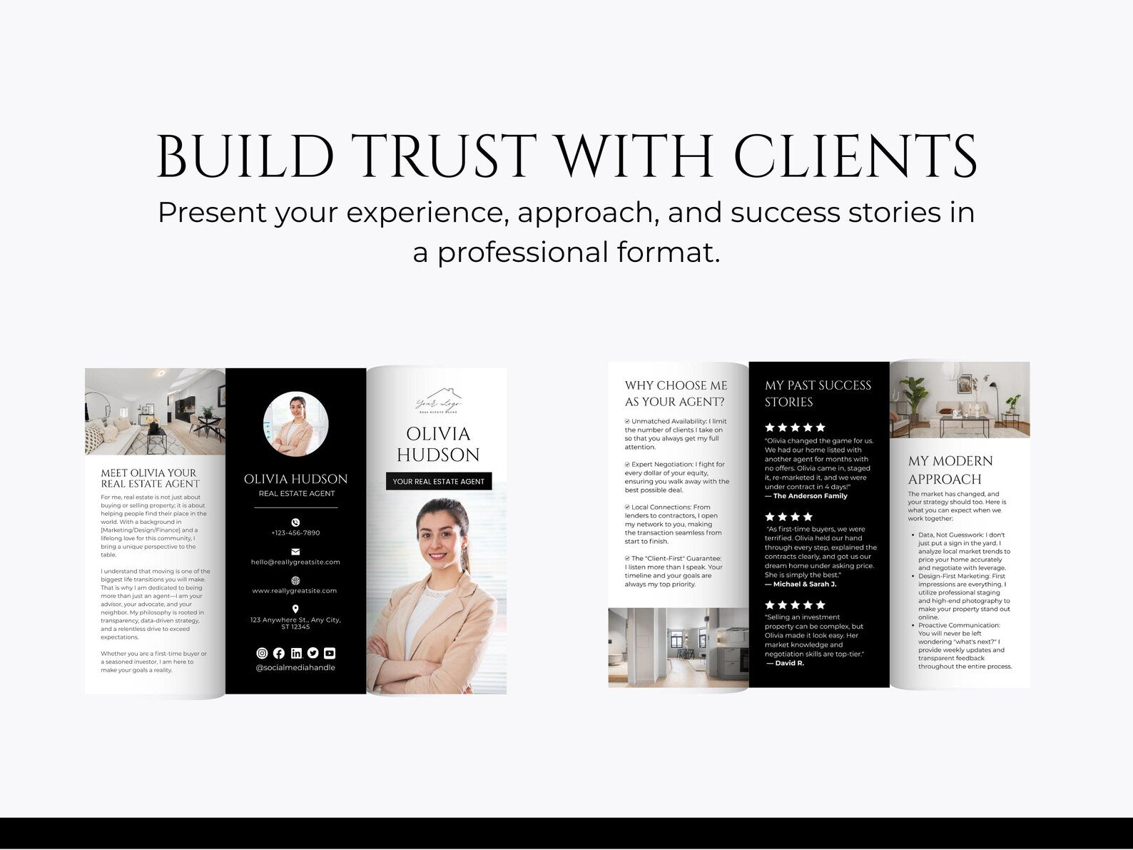 Real Estate Agent Trifold Brochure | Black and White Marketing Template (Canva Download)