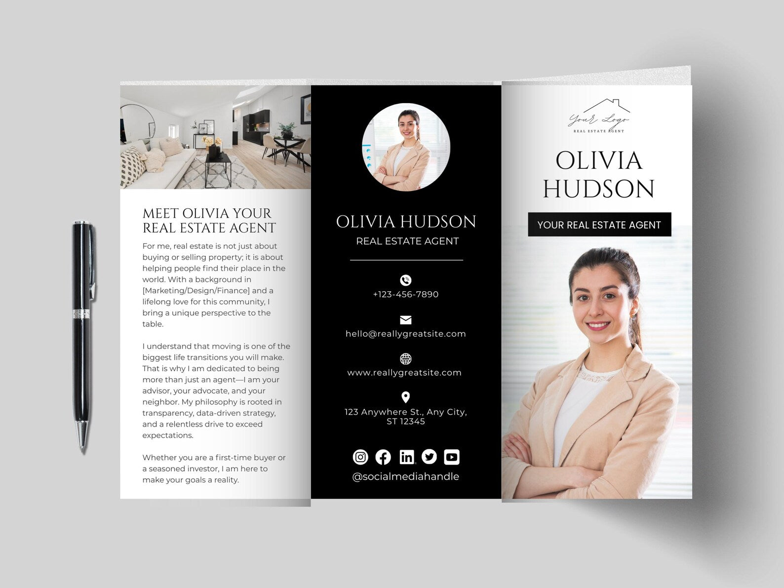 Real Estate Agent Trifold Brochure | Black and White Marketing Template (Canva Download)