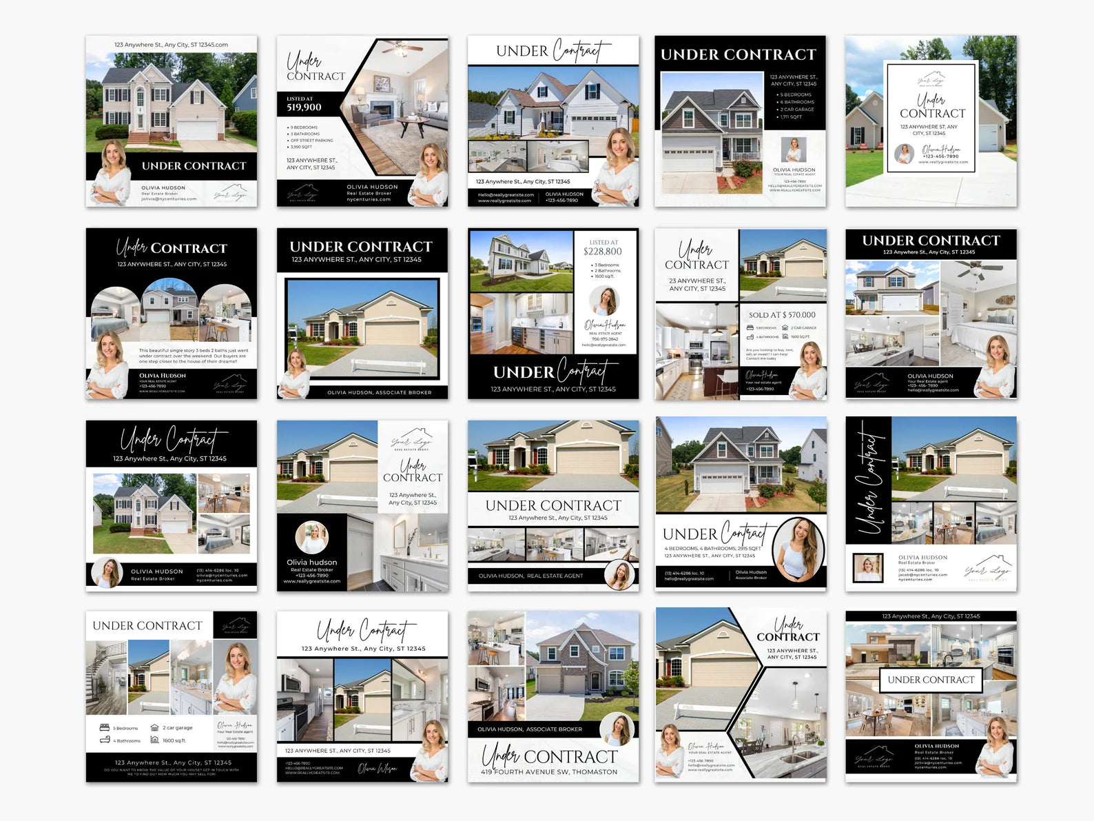 Set of 20 Under Contract Social media Posts Templates Black & White