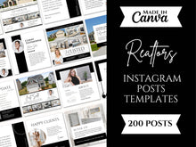 Promotional graphic for realtors Instagram posts templates, showing a collage of white and black post layouts with house photos on the left and a black sidebar on the right with text reading 'Made in Canva Realtors Instagram Posts Templates' and '200 Posts'.