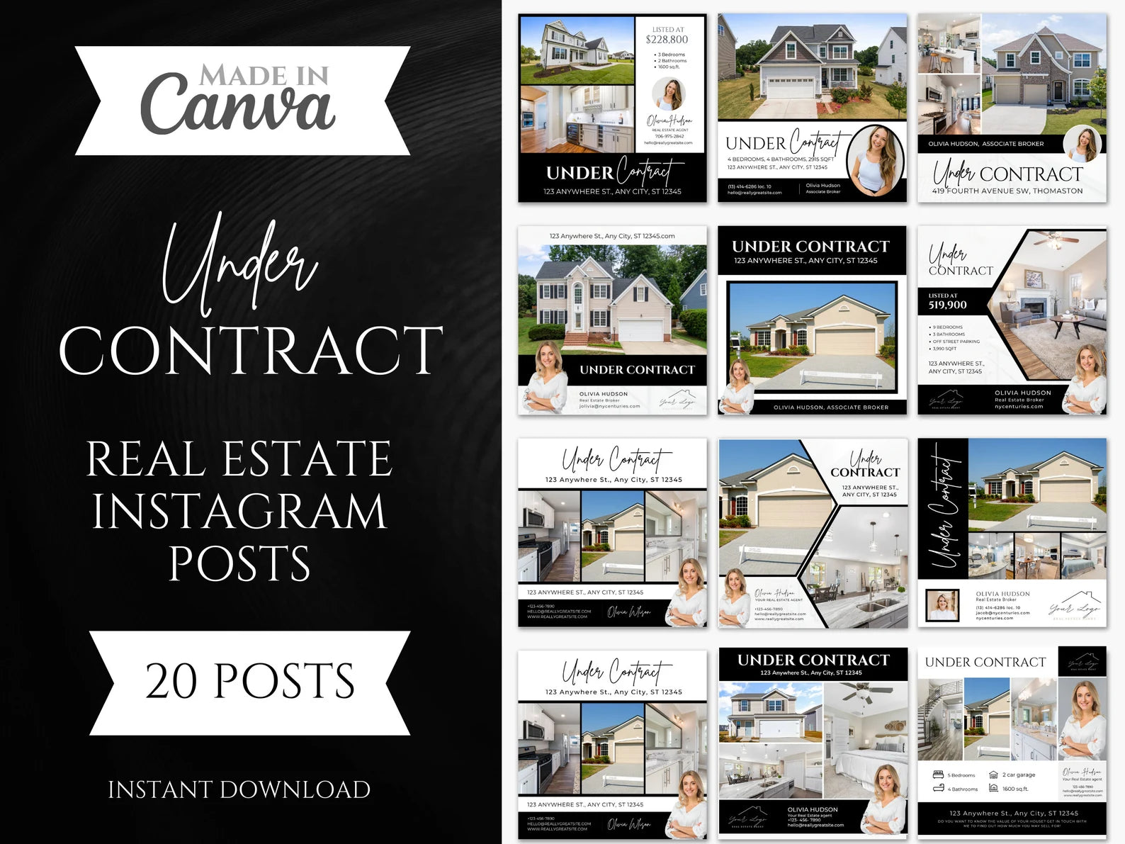Set of 20 Under Contract Social media Posts Templates Black & White