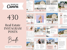 Promotional graphic for a bundle of 430 real estate Instagram posts designed in Canva, featuring a pink and white color scheme with sample post layouts and house photos.