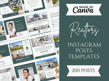 Promotional graphic for realtors Instagram posts templates, showing a collage of sample post layouts on the left and a dark teal text panel on the right that reads 'Made in Canva', 'Realtors', 'Instagram Posts Templates', and '200 Posts'.