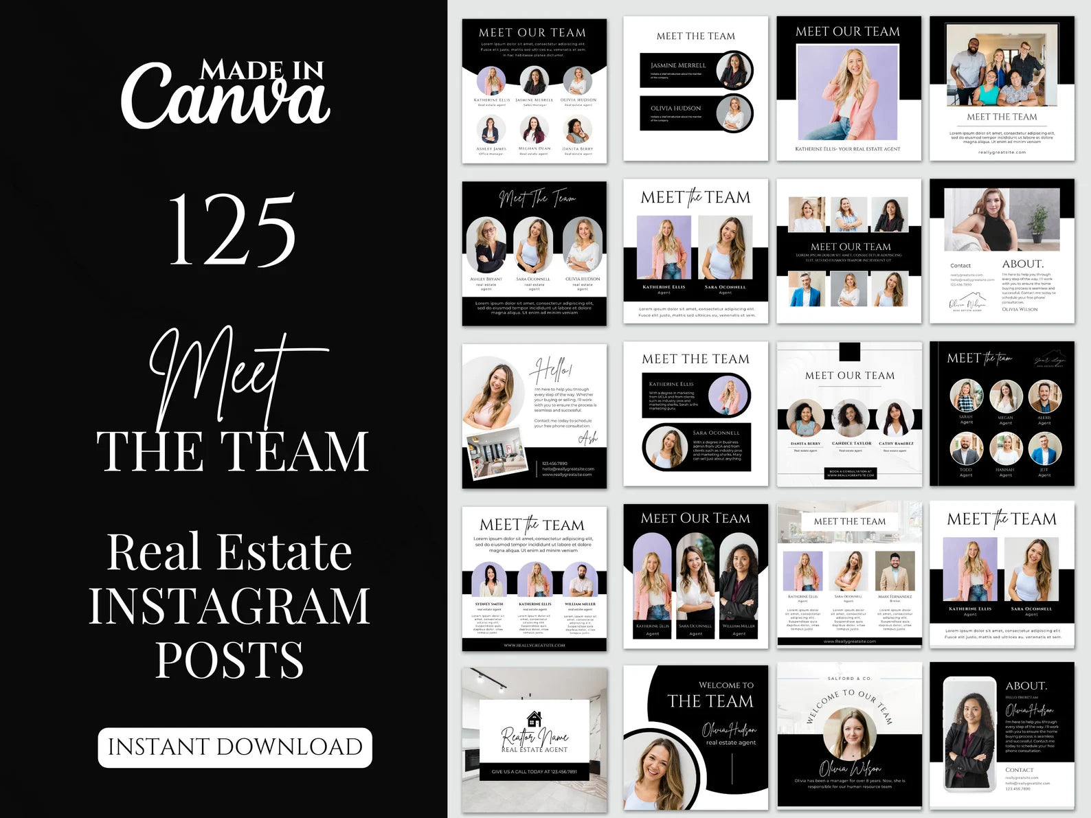 Set of 125 Meet the Team Social Media Posts Black & White Templates
