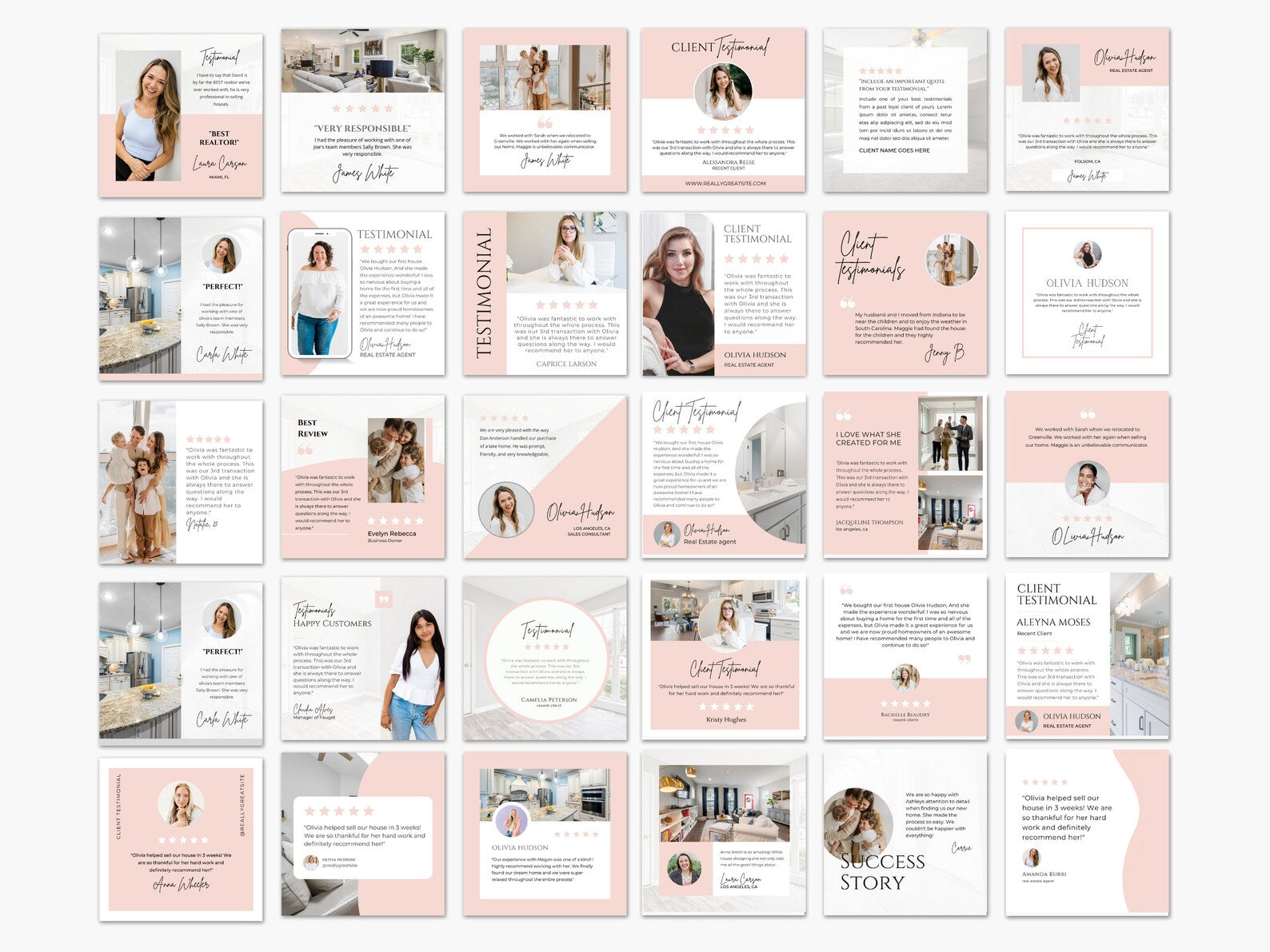 Real Estate Client Testimonial Instagram Posts Pink and White Templates