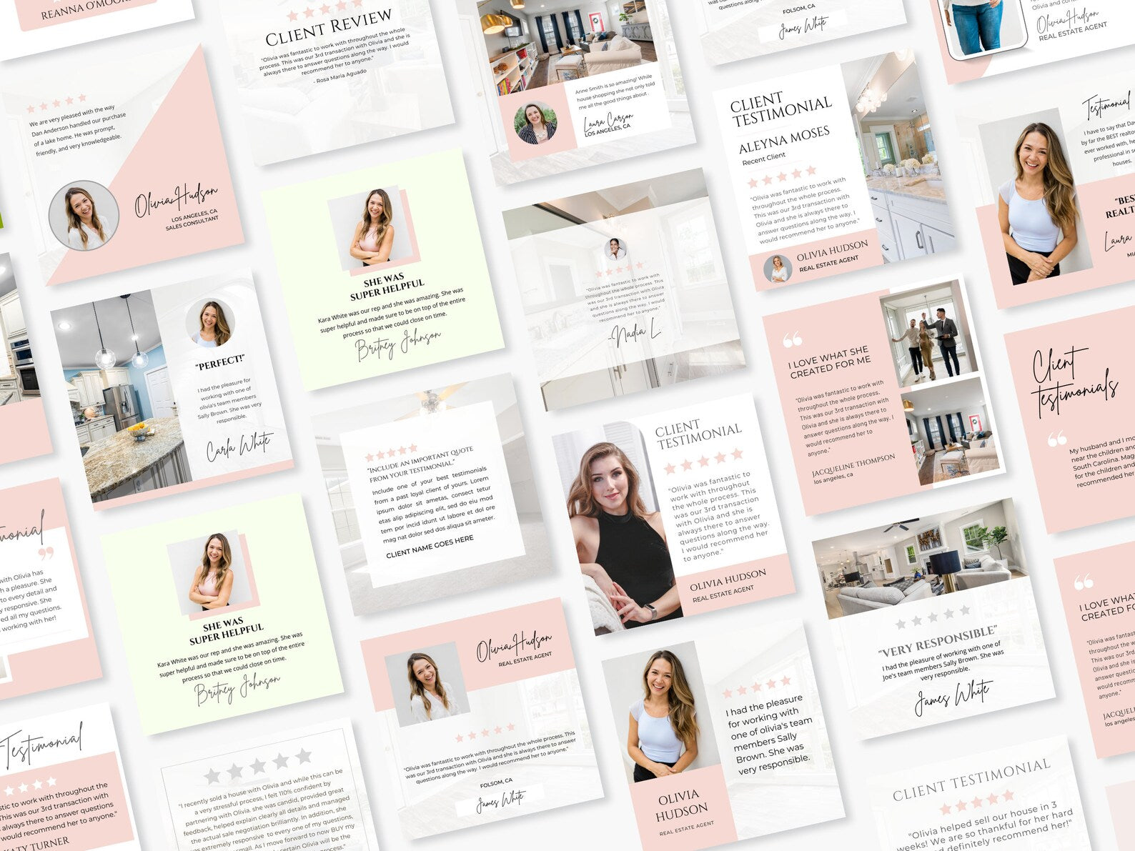 Real Estate Client Testimonial Instagram Posts Pink and White Templates