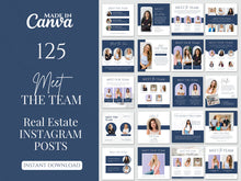 Promotional graphic for a digital product: '125 Meet The Team' real estate Instagram posts in a Canva template pack. The left side features a dark navy blue background with white text, and the right side displays a grid of the template designs, which use navy blue, white, and soft lavender accents with placeholder images of people.
