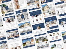 A collage of real estate marketing templates and social media posts featuring a consistent navy blue and white design, with house photos, team member portraits, and text sections like 'Meet Our Team,' 'Under Contract,' and 'Coming Soon.'.