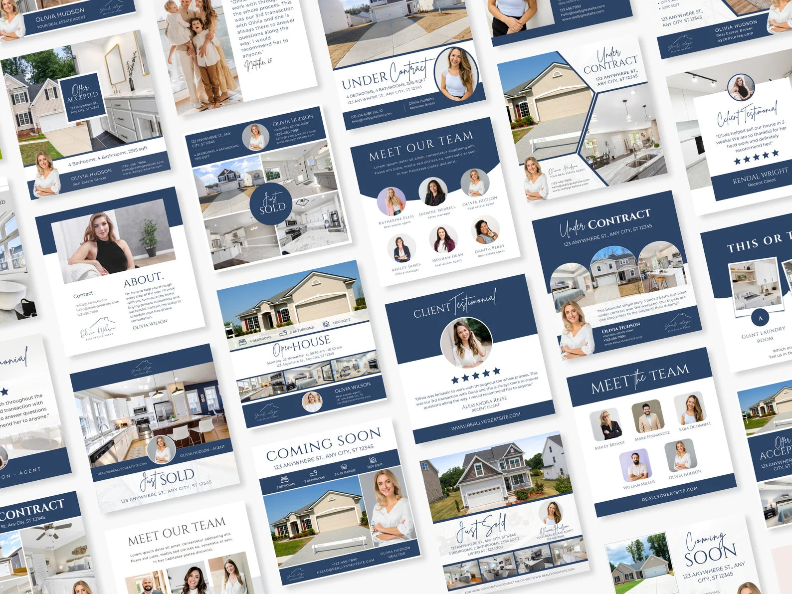 A collage of real estate marketing templates and social media posts featuring a consistent navy blue and white design, with house photos, team member portraits, and text sections like 'Meet Our Team,' 'Under Contract,' and 'Coming Soon.'.
