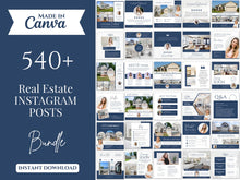 Promotional graphic for a real estate Instagram posts bundle made in Canva, with a navy blue left panel reading 'Made in Canva', '540+ Real Estate Instagram Posts', 'Bundle', and 'Instant Download', and a grid of sample post templates on the right.