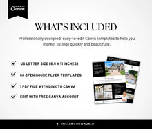 Promotional graphic for a Canva open house flyer template bundle, showing a black header with 'Made with Canva,' the text 'WHAT'S INCLUDED,' a checklist of features including US letter size, 60 open house templates, a PDF file link, and free Canva account, plus two sample flyer previews on the right.