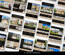 A collage of real estate open house flyer templates arranged diagonally on a white background, with a black banner at the bottom reading 'INSTANT DOWNLOAD'. The templates feature house photos, text sections, and contact details in a professional real estate design style.