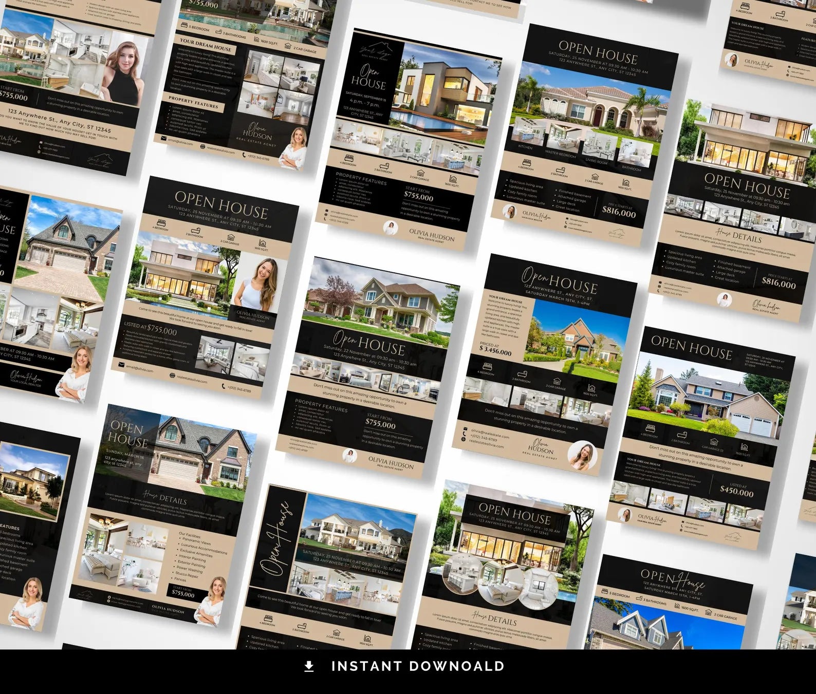 A collage of real estate open house flyer templates arranged diagonally on a white background, with a black banner at the bottom reading 'INSTANT DOWNLOAD'. The templates feature house photos, text sections, and contact details in a professional real estate design style.