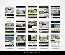 A grid of 15 real estate social media templates or digital flyer designs displayed on a white background, with a black banner at the bottom reading 'INSTANT DOWNLOAD'. The templates feature modern layouts with house photos, text sections, and placeholder images of agents.