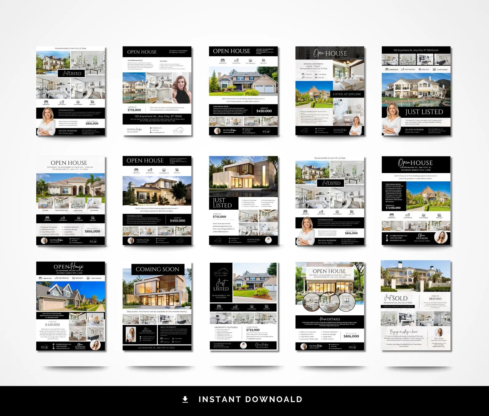 A grid of 15 real estate social media templates or digital flyer designs displayed on a white background, with a black banner at the bottom reading 'INSTANT DOWNLOAD'. The templates feature modern layouts with house photos, text sections, and placeholder images of agents.