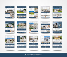A grid of 15 real estate open house social media template previews arranged on a light gray background, with a dark blue banner at the bottom reading 'INSTANT DOWNLOAD'. The templates feature a consistent navy blue and white color scheme with placeholder house photos and text sections.