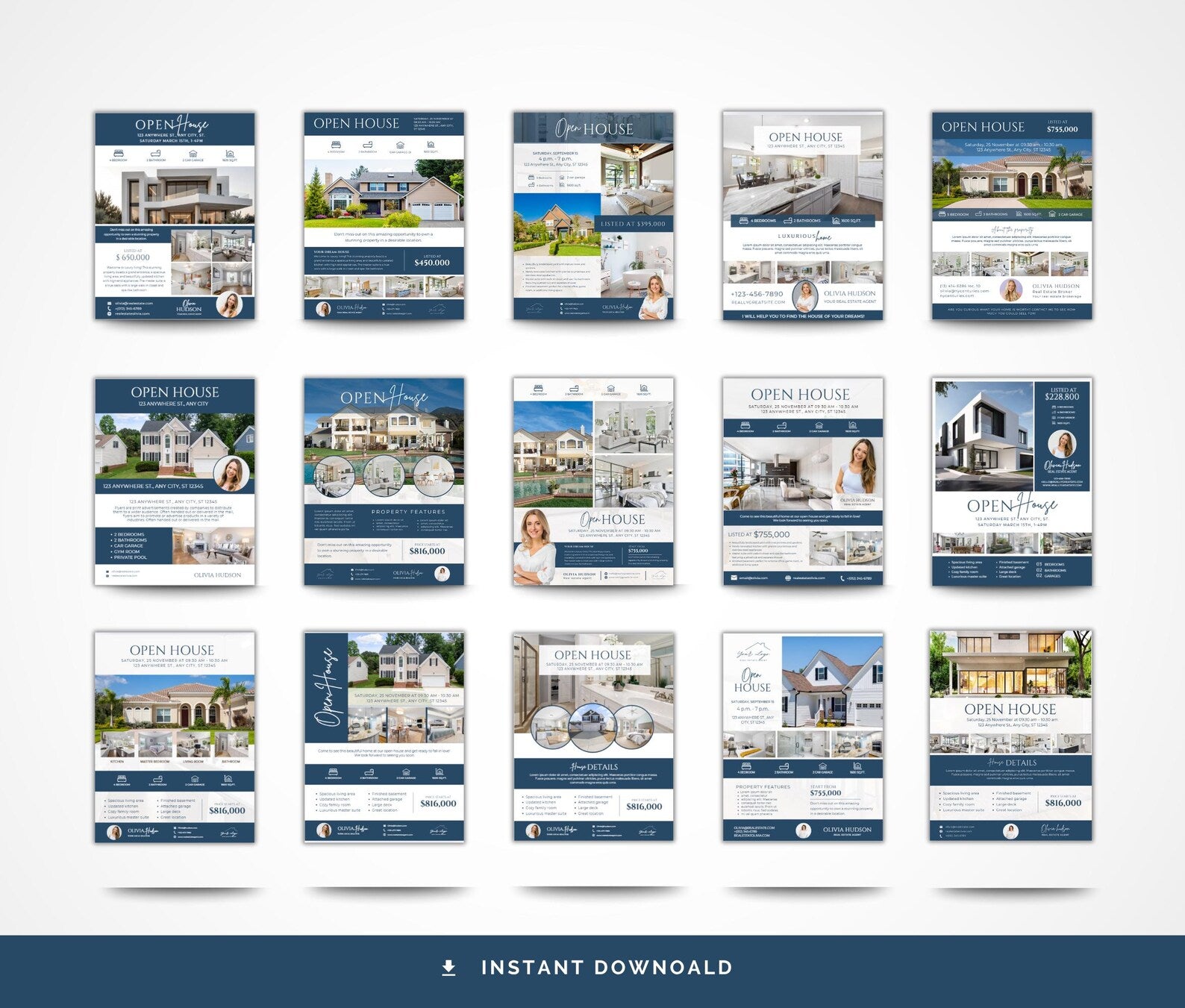 A grid of 15 real estate open house social media template previews arranged on a light gray background, with a dark blue banner at the bottom reading 'INSTANT DOWNLOAD'. The templates feature a consistent navy blue and white color scheme with placeholder house photos and text sections.