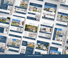 A collage of real estate marketing flyer templates in navy blue and white, showing layouts for 'Just Listed', 'Open House', 'Just Sold', and 'Coming Soon' with house photos and text placeholders.