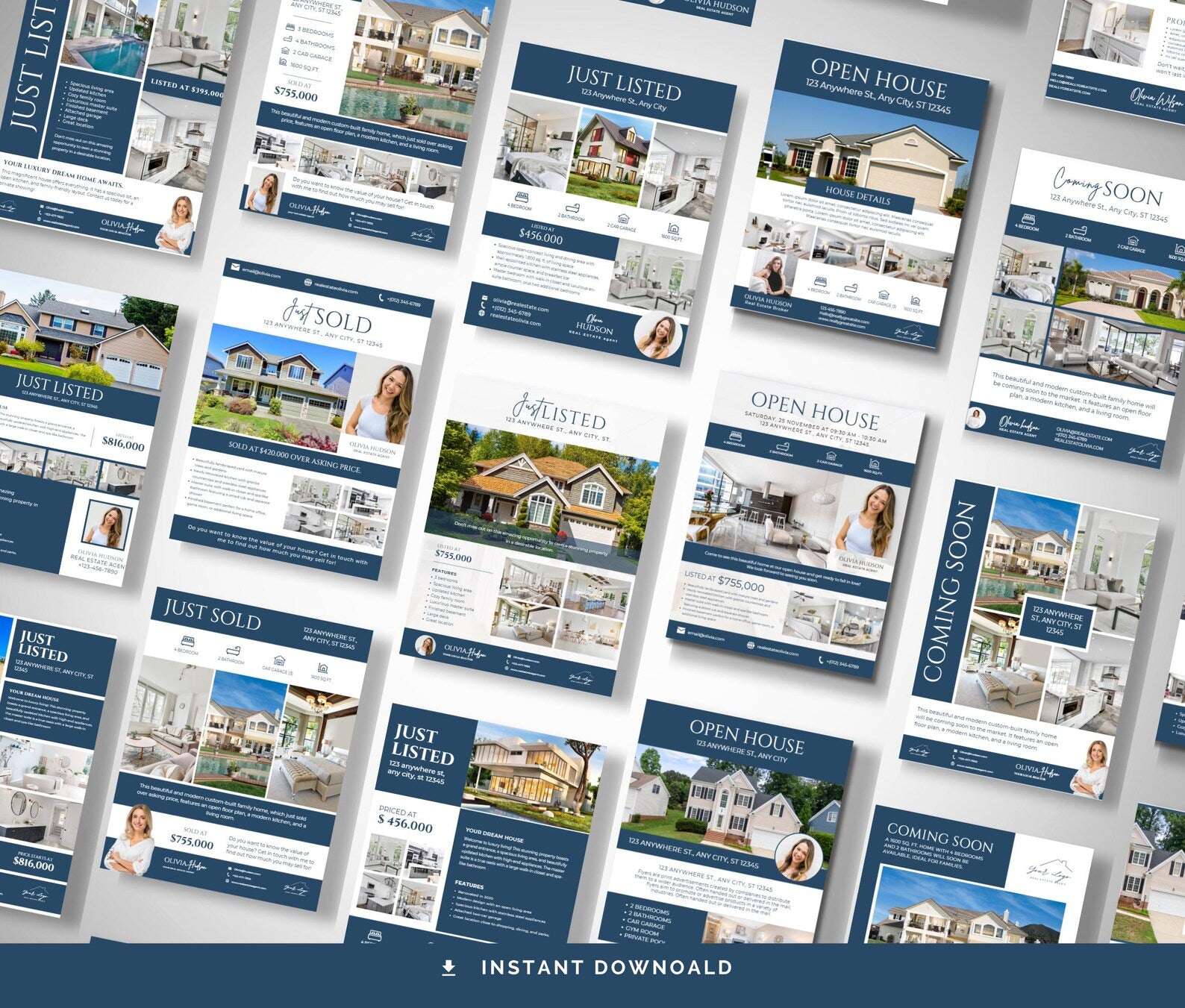 A collage of real estate marketing flyer templates in navy blue and white, showing layouts for 'Just Listed', 'Open House', 'Just Sold', and 'Coming Soon' with house photos and text placeholders.