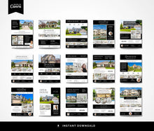 A grid of 15 real estate open house flyer templates displayed on a light gray background, with a black banner at the top reading 'Made in Canva' and a black banner at the bottom reading 'Instant Download'.