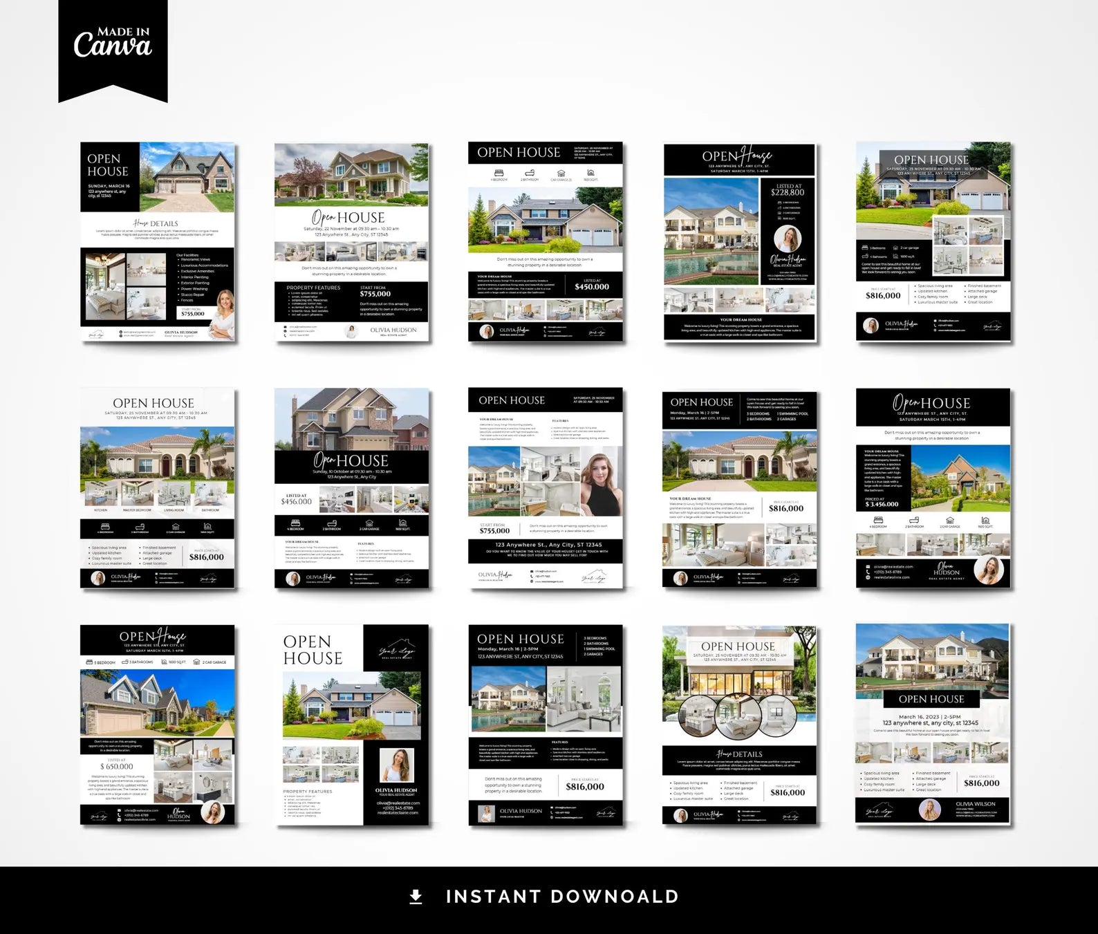 A grid of 15 real estate open house flyer templates displayed on a light gray background, with a black banner at the top reading 'Made in Canva' and a black banner at the bottom reading 'Instant Download'.