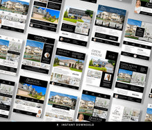 A collage of real estate open house flyer templates arranged diagonally on a light gray background, with a black banner at the bottom reading 'INSTANT DOWNLOAD'.