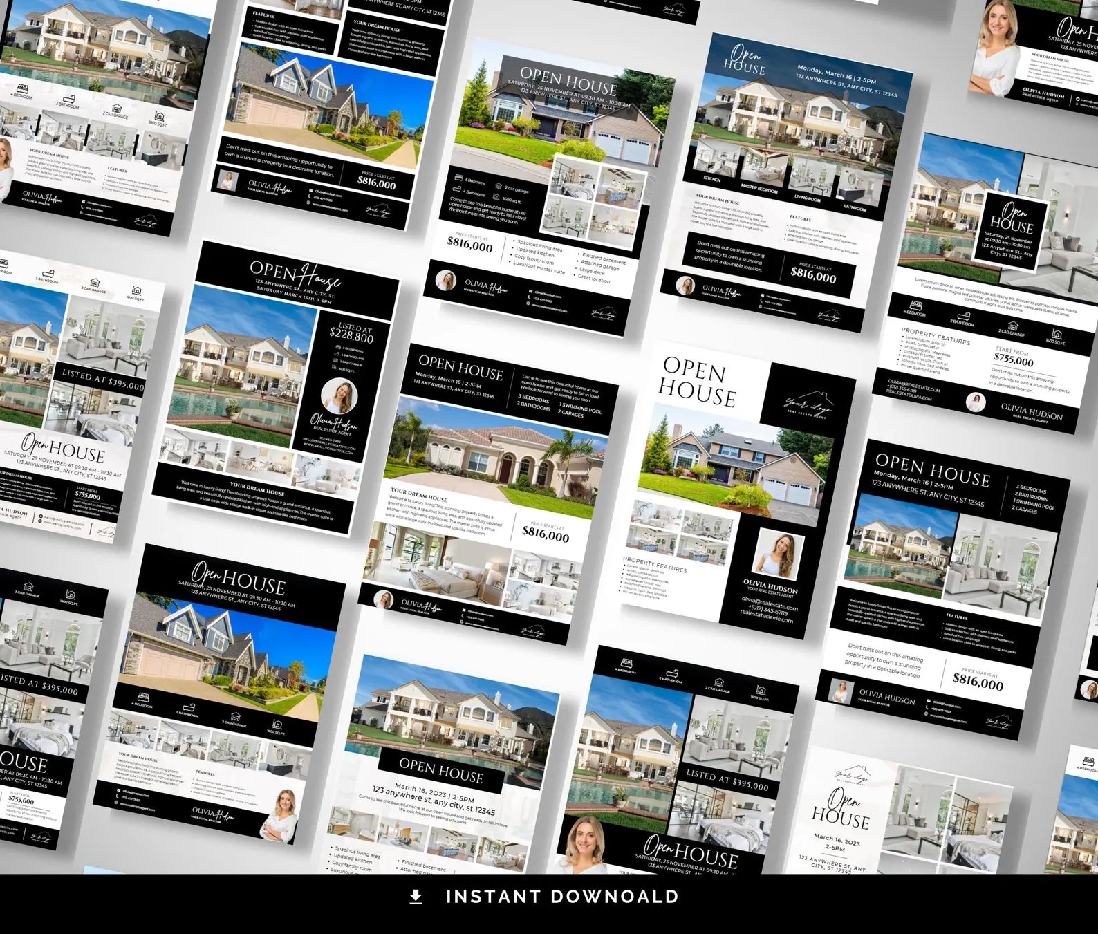 A collage of real estate open house flyer templates arranged diagonally on a light gray background, with a black banner at the bottom reading 'INSTANT DOWNLOAD'.