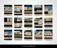 A grid of 15 real estate website template layouts labeled 'OPEN HOUSE' and 'INVENTORY', shown on a light gray background with a black banner at the bottom reading 'INSTANT DOWNLOAD'.