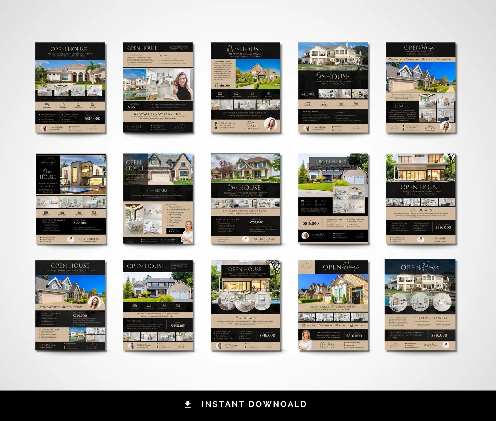 A grid of 15 real estate website template layouts labeled 'OPEN HOUSE' and 'INVENTORY', shown on a light gray background with a black banner at the bottom reading 'INSTANT DOWNLOAD'.