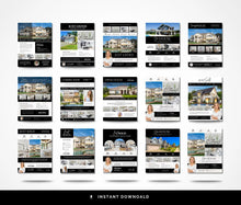 A grid of 15 real estate marketing flyer templates arranged in three rows on a white background, with a black banner at the bottom reading 'INSTANT DOWNLOAD'. The templates feature house photos, text sections for 'Just Listed', 'Open House', and 'Coming Soon', and are presented as digital design previews.