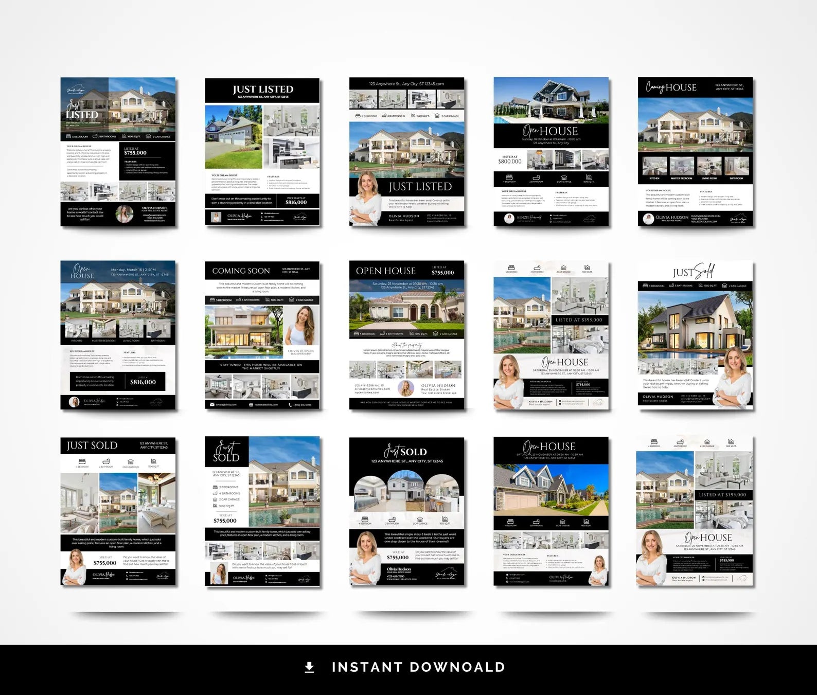 A grid of 15 real estate marketing flyer templates arranged in three rows on a white background, with a black banner at the bottom reading 'INSTANT DOWNLOAD'. The templates feature house photos, text sections for 'Just Listed', 'Open House', and 'Coming Soon', and are presented as digital design previews.