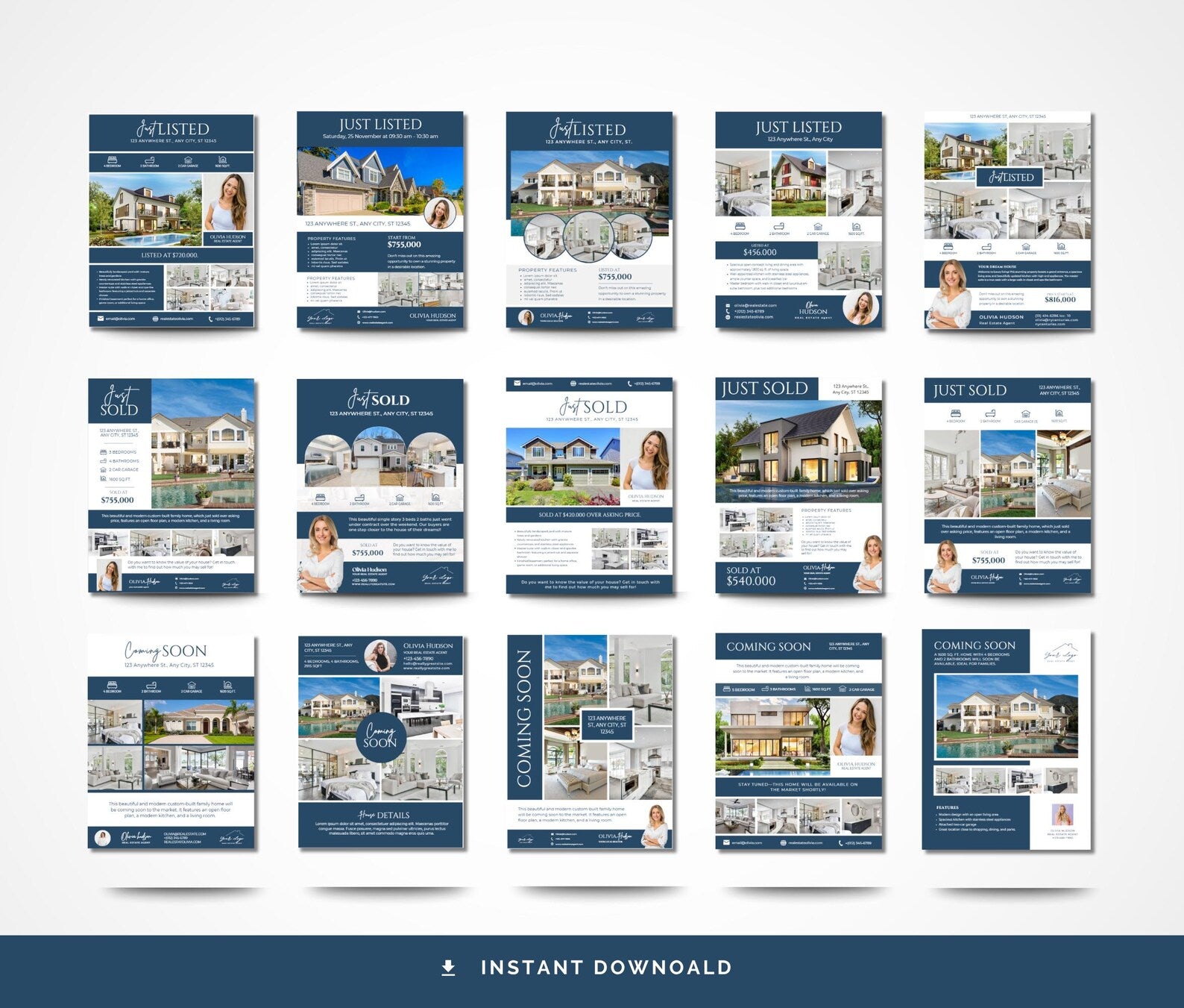Real Estate Flyer Bundle | Open House, Just Listed, Just Sold & Coming Soon Blue & White