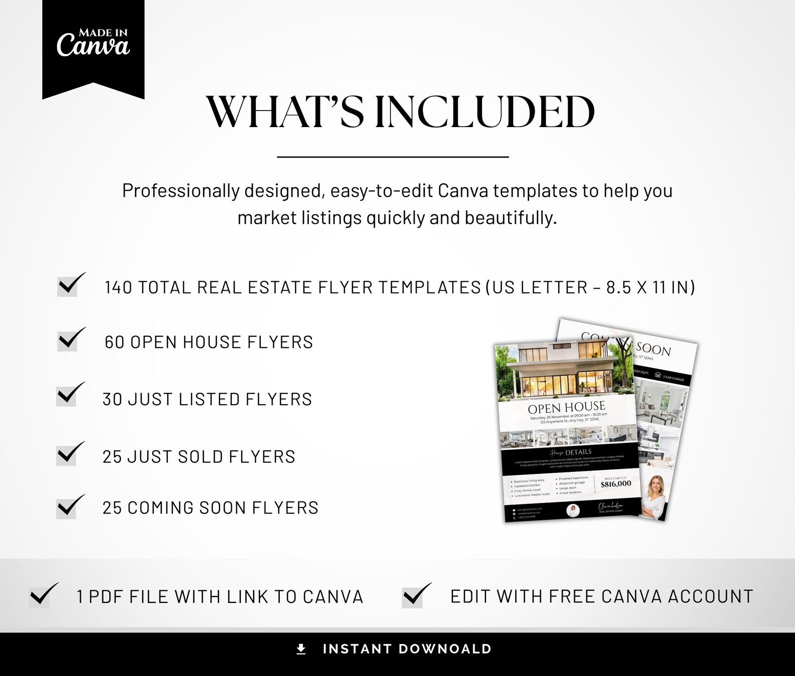 Real Estate Flyer Bundle | Open House, Just Listed, Just Sold & Coming Soon Black & White
