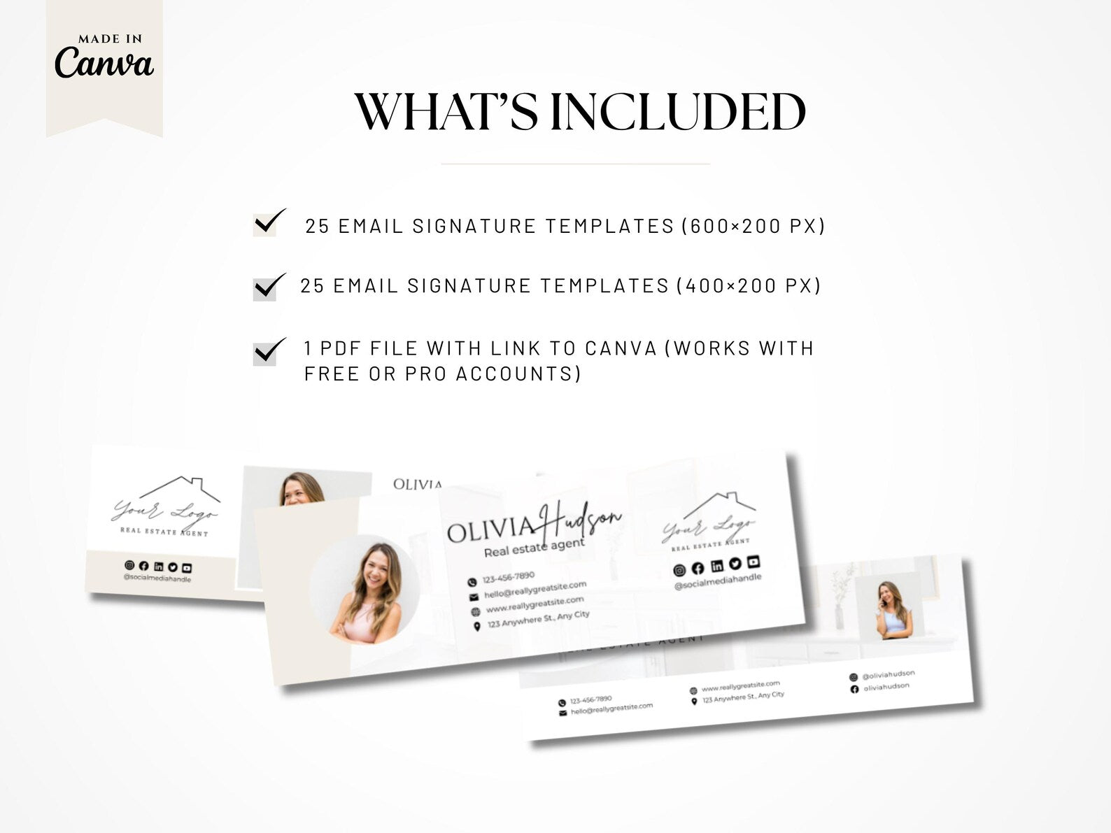 Modern Realtor Email Signature Bundle (25 Designs, 2 Sizes) Beige and White