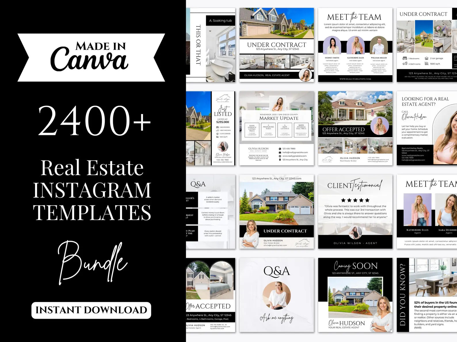 Real Estate Instagram Templates Bundle | 2400+ Black & White Posts, Stories (Canva)
