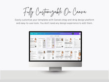 A desktop monitor centered on a light gray background, displaying a digital Canva template dashboard. Above the monitor, text reads 'Fully Customizable On Canva' with smaller descriptive copy about editing templates using Canva's drag-and-drop platform.