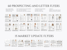 A catalog-style preview showing multiple real estate prospecting and letter flyer templates arranged in rows on a white background, with large text reading '60 Prospecting and Letter Flyers' and '15 Market Update Flyers.'.