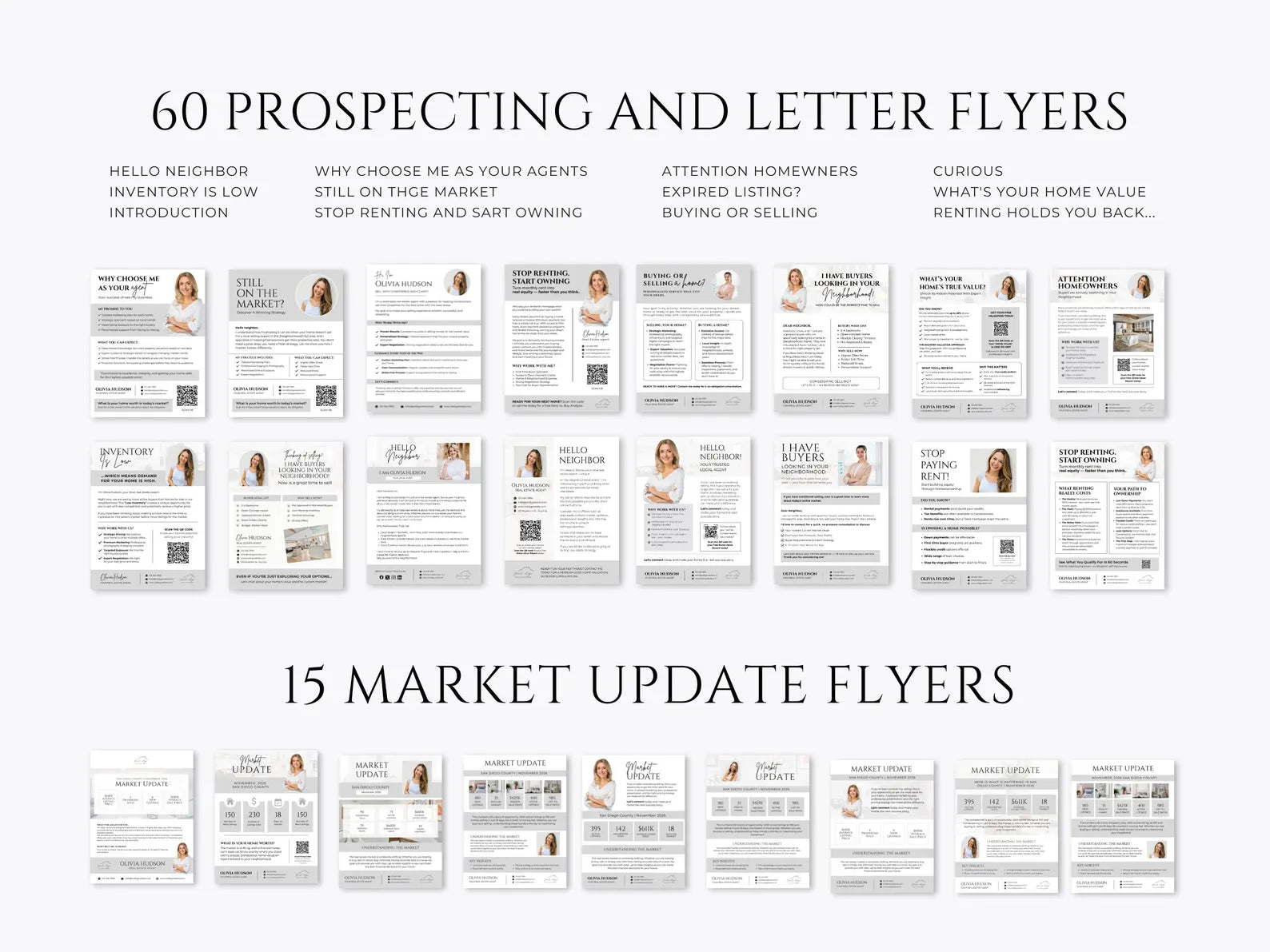 A catalog-style preview showing multiple real estate prospecting and letter flyer templates arranged in rows on a white background, with large text reading '60 Prospecting and Letter Flyers' and '15 Market Update Flyers.'.