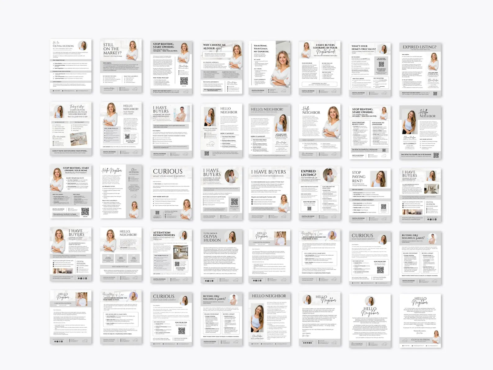 A grid of many small white brochure or flyer templates arranged on a light gray background, each featuring placeholder text, photos of a woman, and sections for branding and contact information.