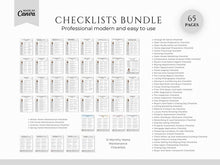 A digital preview of a 'Checklists Bundle' template set designed for Canva, featuring 12 monthly home maintenance checklists. The layout displays a grid of sample checklist pages with text descriptions of included templates on a clean white background.