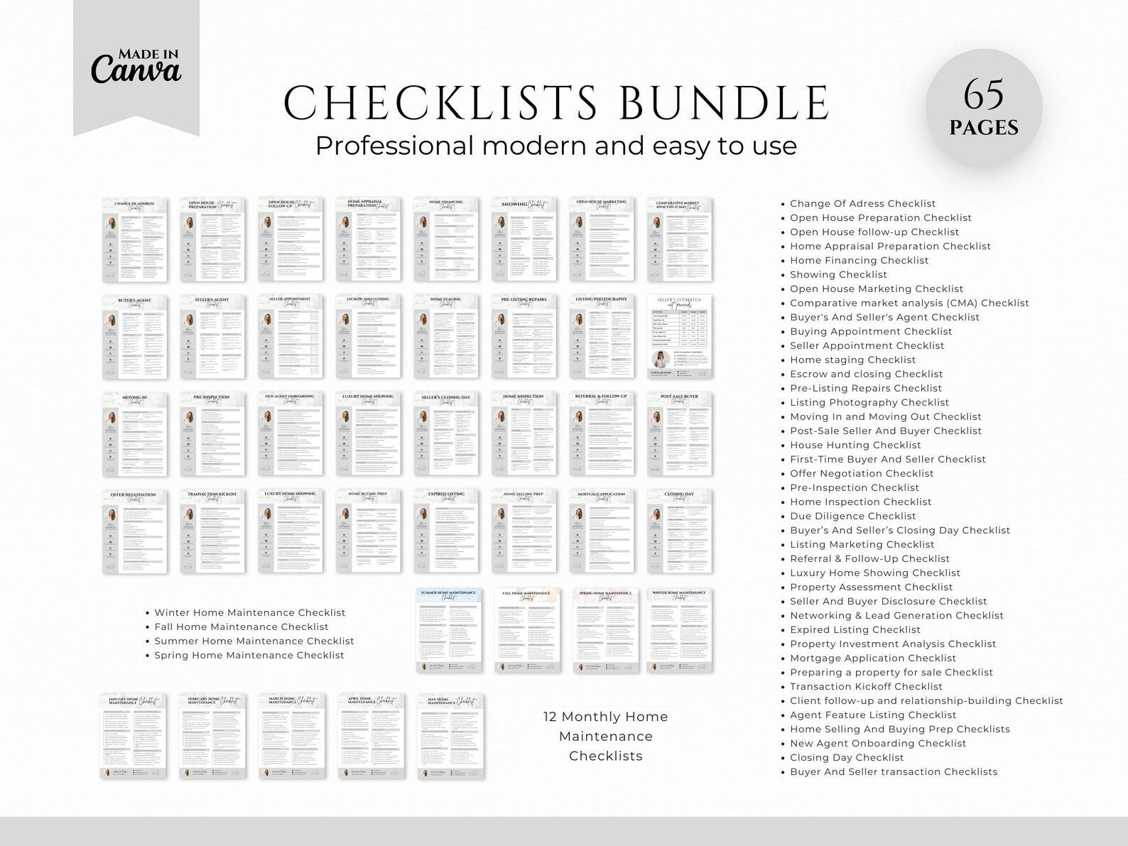 A digital preview of a 'Checklists Bundle' template set designed for Canva, featuring 12 monthly home maintenance checklists. The layout displays a grid of sample checklist pages with text descriptions of included templates on a clean white background.