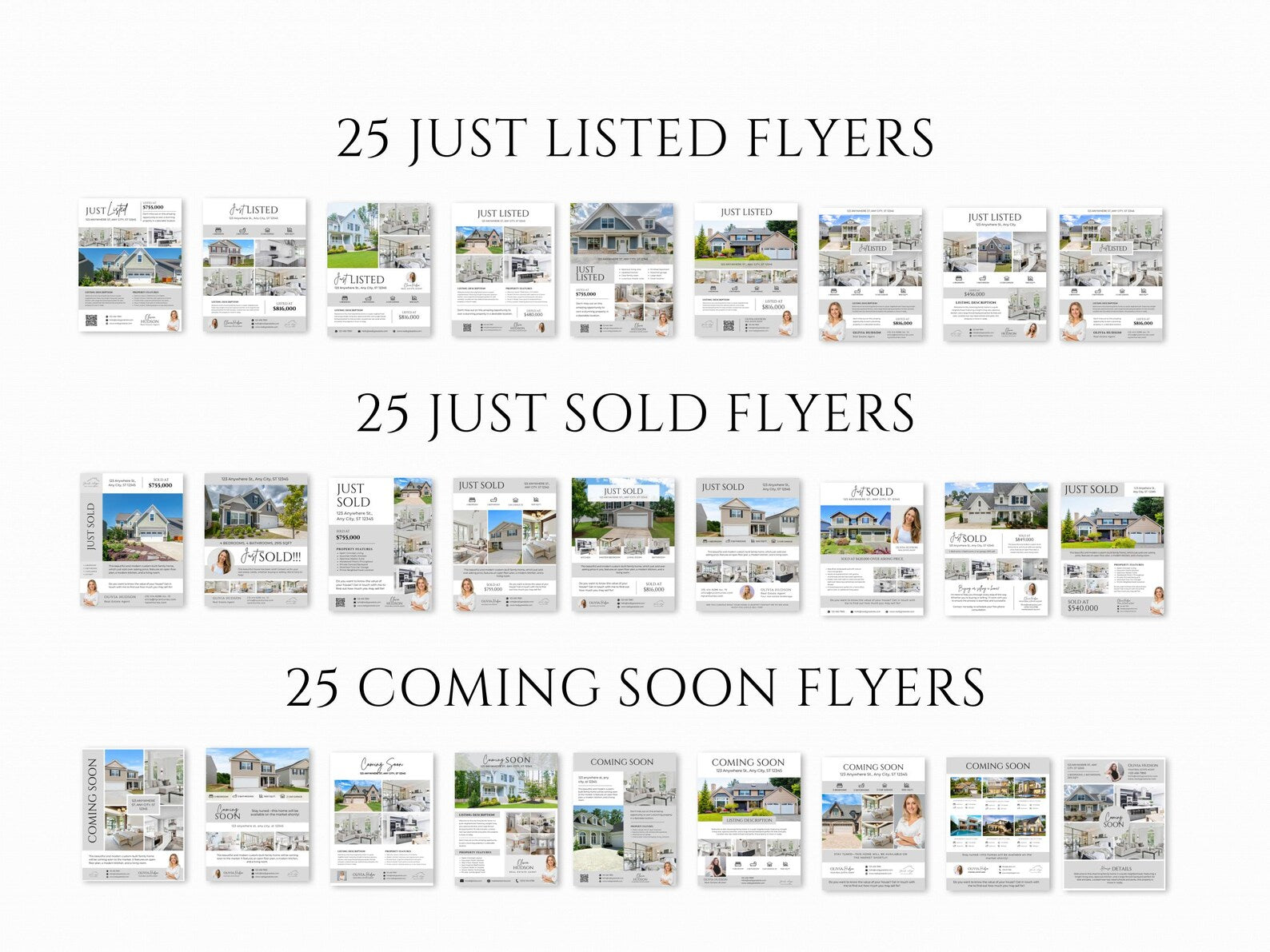 A white graphic showing three rows of small real estate flyer thumbnails with text above each: '25 JUST LISTED FLYERS,' '25 JUST SOLD FLYERS,' and '25 COMING SOON FLYERS.'.