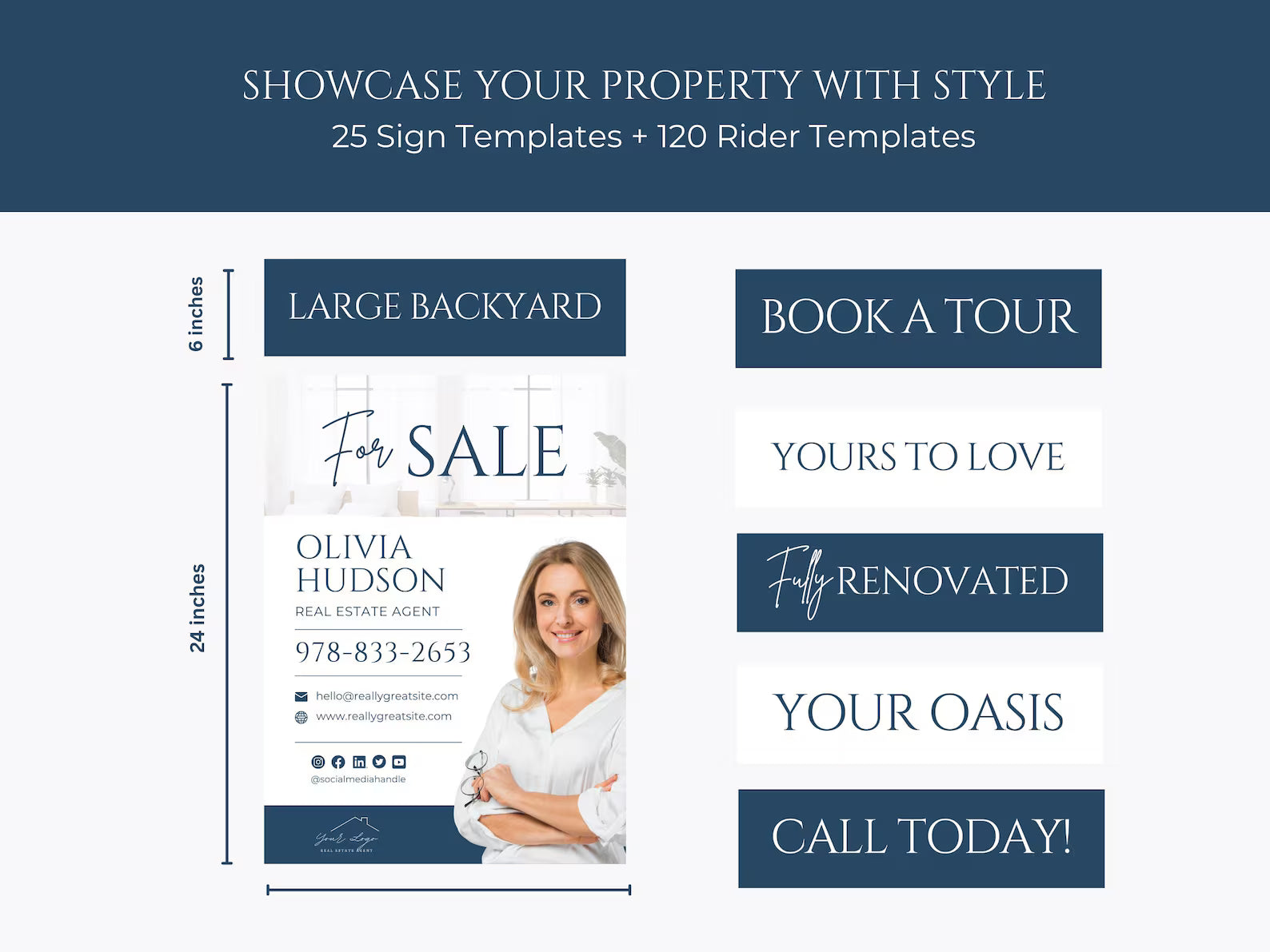 25 Open House Landscape Yard Signs + 120 Sign Riders Blue and White