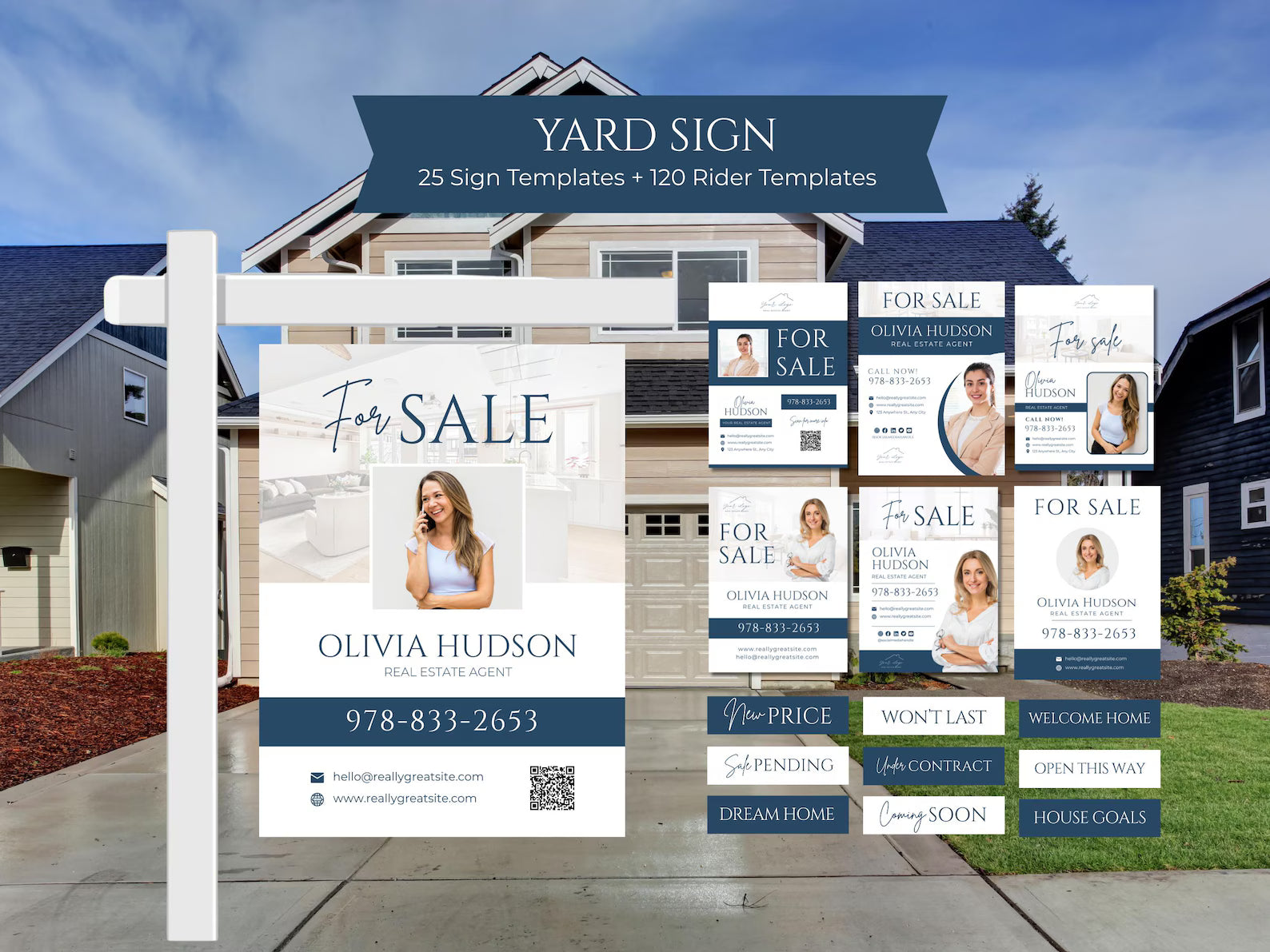 25 Open House Landscape Yard Signs + 120 Sign Riders Blue and White